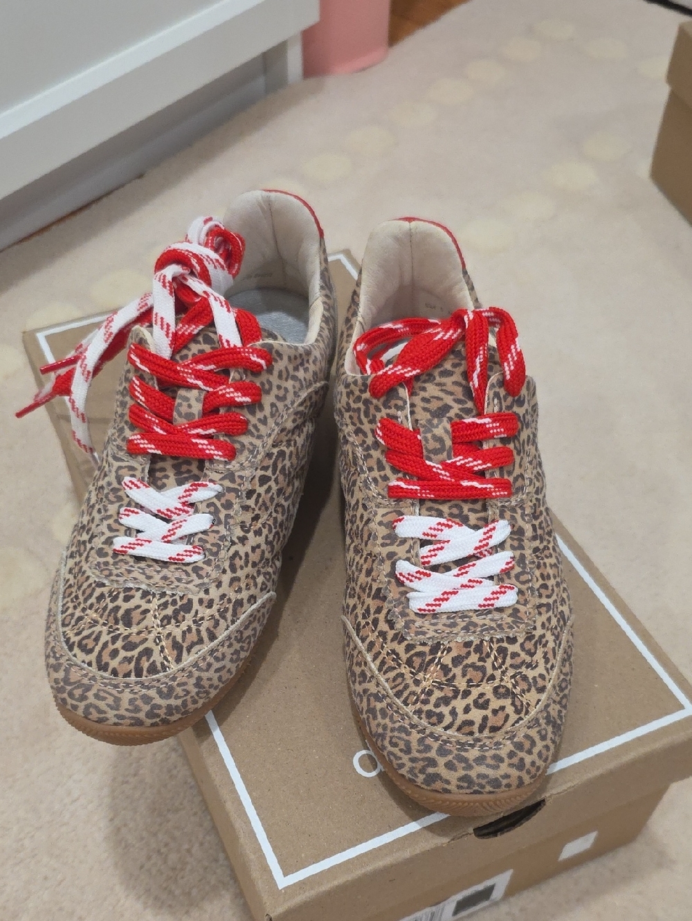 Dolce Vita Laini Leopard Print Sneakers with Red and White Laces. Size 6
